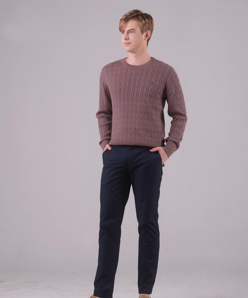 USPOLOASSN Cotton Long Sleeve Cable Round Knit_Brown