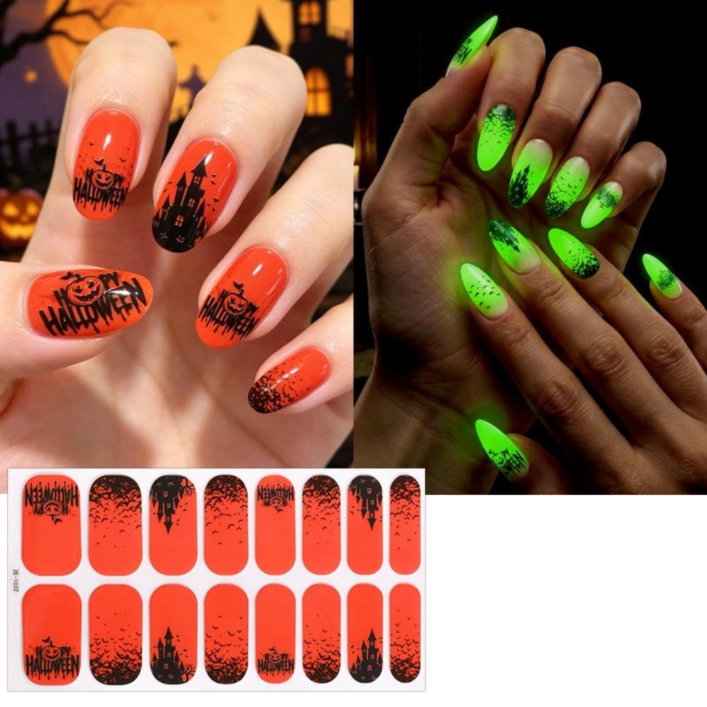 Bloodstain Halloween Luminous Nail Sticker Pumpkin 16 Fingers Set Nail Polish Sticker Beauty Care