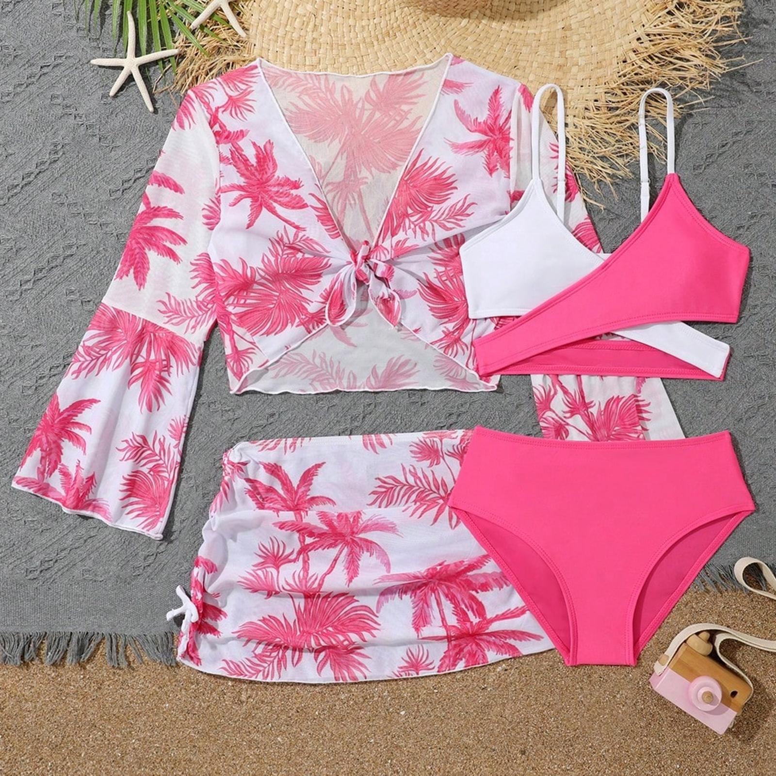 Miss Beauty26 Meisjes Tweedelig Zwempak Set met Hoge Taille Broekje en Lange Mouwen Cover-up Top Drie Delige Zwemkleding Set voor Kinderen 130 roze