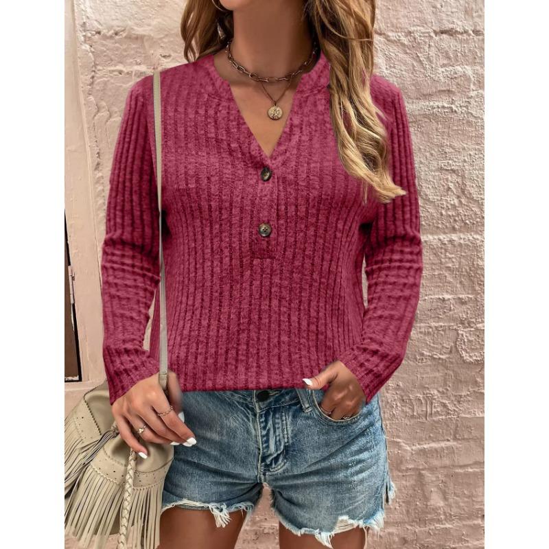 JKASHDK Women's Fashion Casual Spring Fall Solid Color Print Long Sleeve V-Neck Pullovers & Long Sleeves