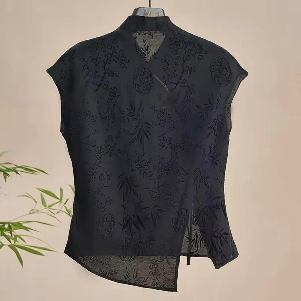 Thin Fabric New Chinese Style Top Jacquard Weave Black Jacquard Shirt  Women Casual Wear
