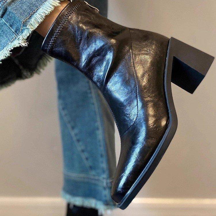 Soft leather version~ short boots commuter high-heeled elastic thin boots 2025 autumn and winter soft-soled public sector retro thick-heeled boots