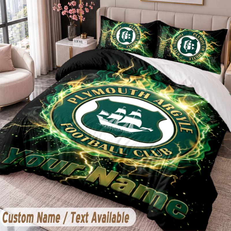 Plymouth Argyle FC Printed Bedding Set Custom Name Text 1 Duvet Cover 2 Pillowcases For Bedroom