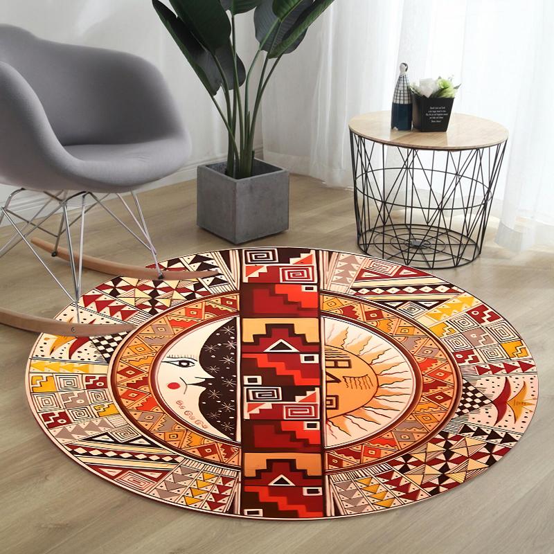 Bohemian Tribal Pattern Round Rug Collection Non Slip Wear Resistant Soft Washable Living Room Bedroom Decor Rug