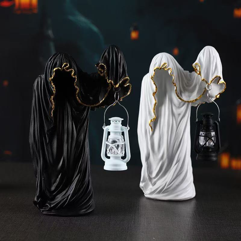 Ghost Wizard Lantern Figurines Dark Mysterious Home Decor Halloween Creative Props Scary Sculptures for Spooky Atmosphere