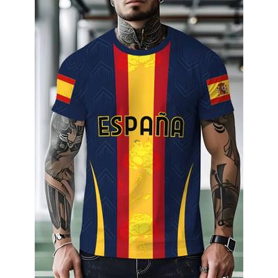 Rundhals-Kurzarm-Fußballfan-T-Shirt, lässiges Sportoberteil mit spanischem Flaggenmuster