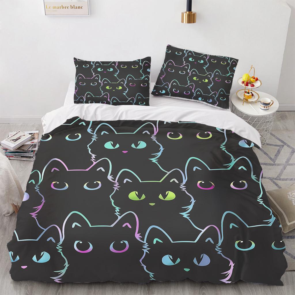 Cat, Animal Bedding Set black Anime 100% Polyester Duvet Cover Set Printed Cartoon Home Decor