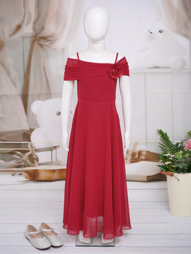 Dětské Dívčí Elegantní společenské šaty s 3D květinovou nášivkou nařasené šifonové šaty do A pro družičky narozeninové plesy