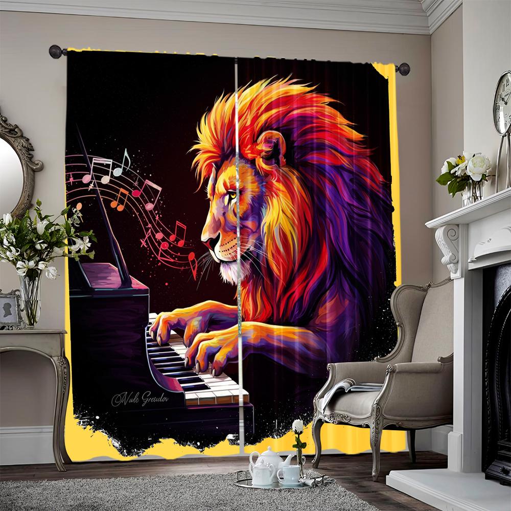 

Set Of 2 Spring Summer Curtains Lion Playing Piano Semi Versatile Polyester Gifts Perfect Bedroom Office Sheer Made Window Treatment W100*H70(CM)-Rod Pocket&1PCS
