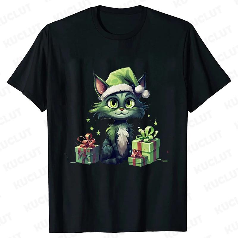 New Year Short Sleeve Tshirt Cute Cat Print Tops Fashion Xmas Unisex Tees Shirt Trend Graphic Christmas Male Oversized Clothing