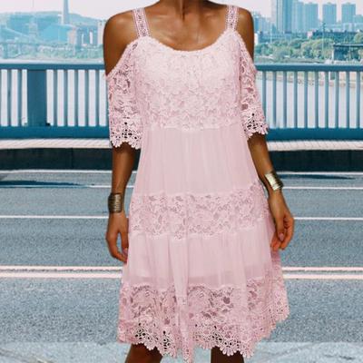 Sling Cold Shoulder Half Sleeve Summer Dress Crochet Embroidery Lace Stitching Mini Dress Female Clothing