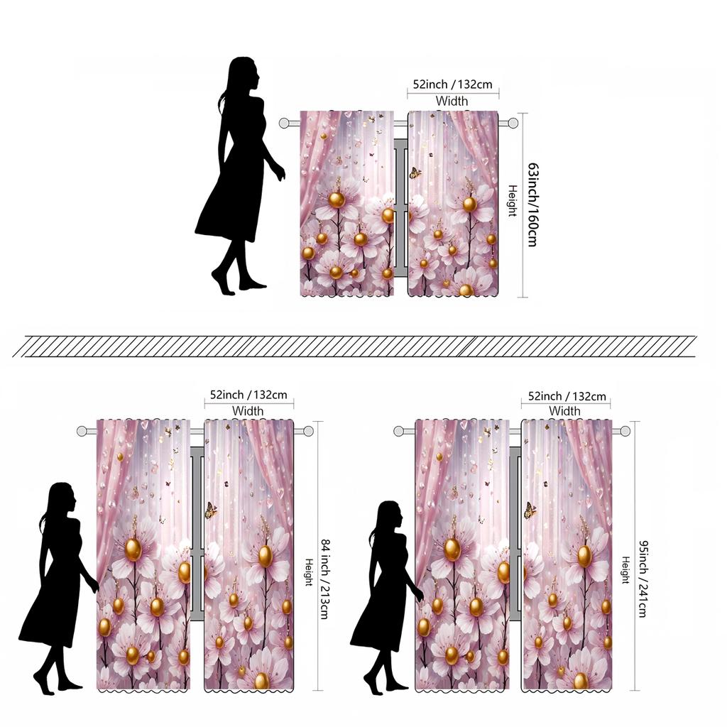 2 Pieces of HD Digital Pink Tie Princess Style Flower Curtain Home Decoration Style Decoration Living Room Bedroom Wear Rod Curt
