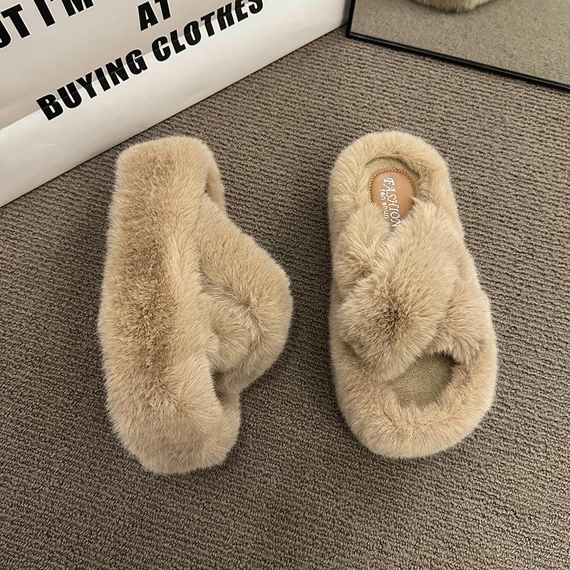 6Cm Thick-bottomed Crossed Fluffy Slippers Women's 2025 Autumn and Winter New Korean Version Fashionable Versatile Warm Plush Cotton Mop