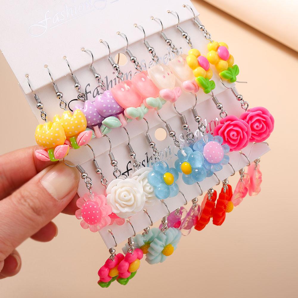 Cute 5 Pairs Flower Earrings for Women Girls Colorful Dangle Drop Earrings Handmade Kids Jewelry Gifts