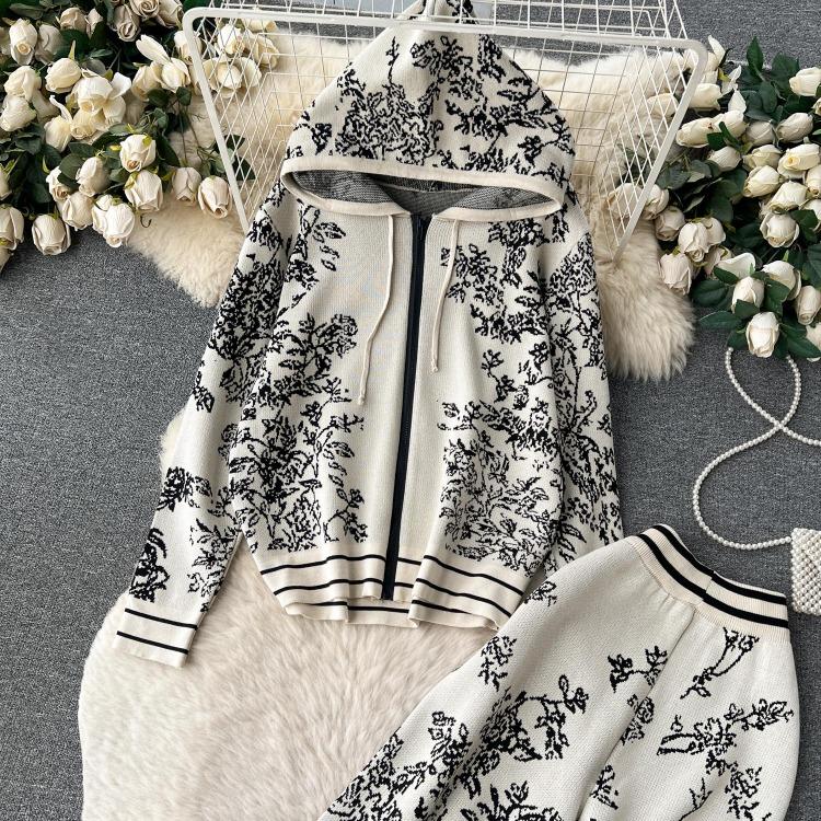 Damen Premium Print Kapuzenpullover Hohe Taille Weite Beinhosen Lässige Sport Strickwaren Zweiteiliges Set Mode Altersreduzierend