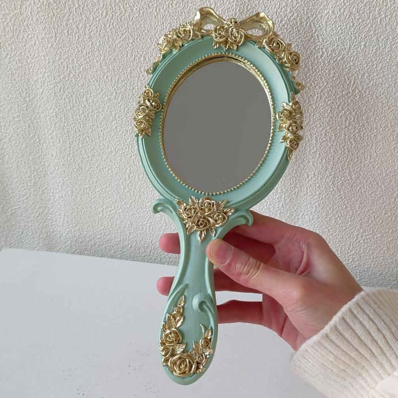 Miroir Rond Rétro avec Nœud Papillon Style Européen Miroirs Décoratifs en Anaglyphe Miroirs à Main de Style Baroque pour Femmes Décoration d'Intérieur