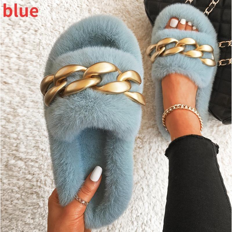 Nuova catena in oro opaco Decora scivoli femminili in soffice pelliccia Pantofole calde in peluche Pantofole di lusso Slip-On