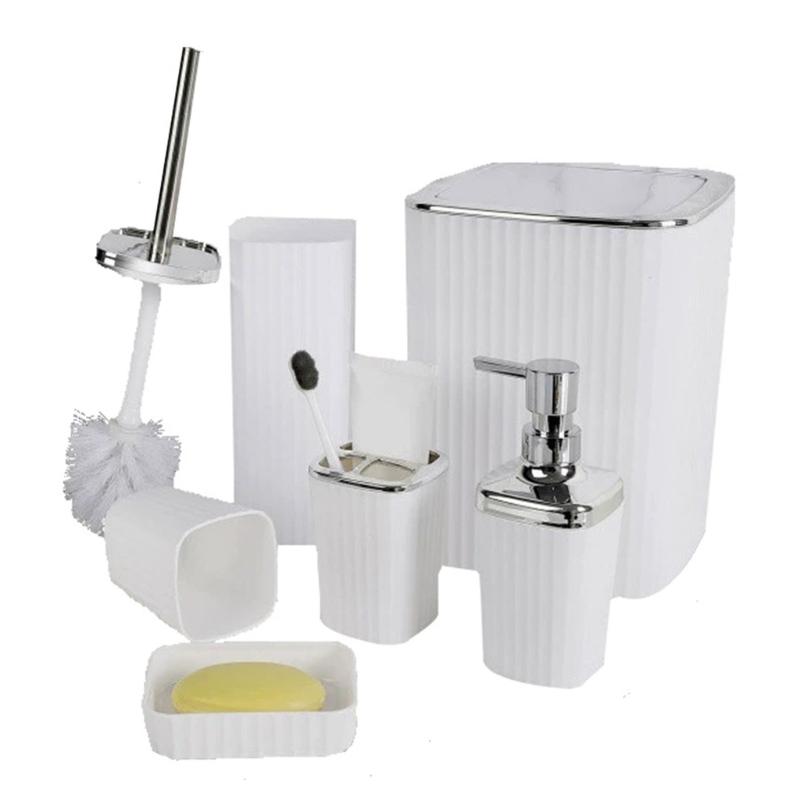 

6Pcs Modern Bathroom Storage Set Includes Toothbrush Holder Hydraulic Liquid Dispenser Bottle Trash Can Cup Set білий