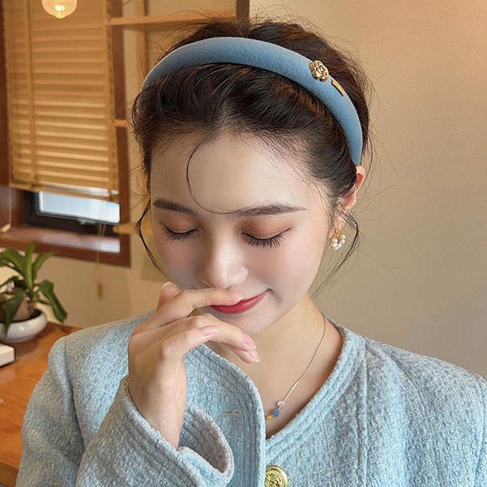 

Retro Solid Color Camellia Flower Wide Cloth Sweet Hair Hoop Women Headband Korean Style Hair Hoop зелёный