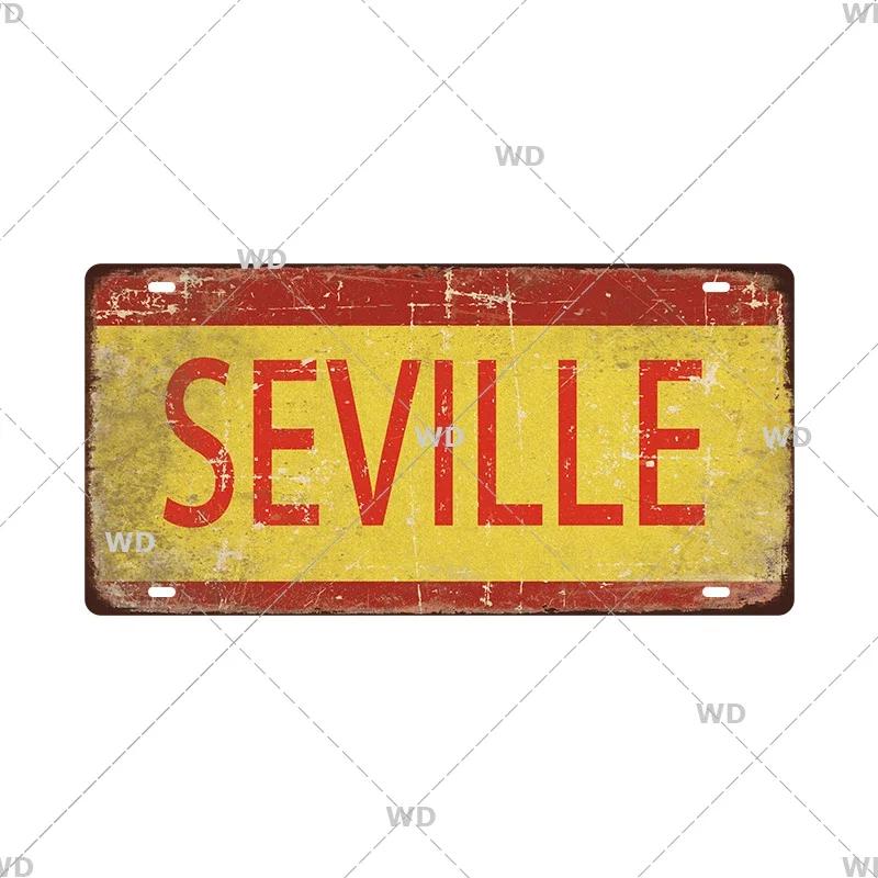 Spain City Metal Sign Licenses Plate Plaque Metal Vintage Tin Sign BARCELONA/MADRID/SEVILLE Flag Bar Pub Man Cave Club Poster