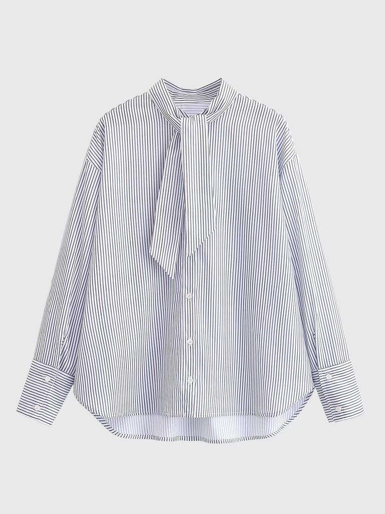 Spring 2026 European & American Style Stand Collar Striped Poplin Shirt with Scarf