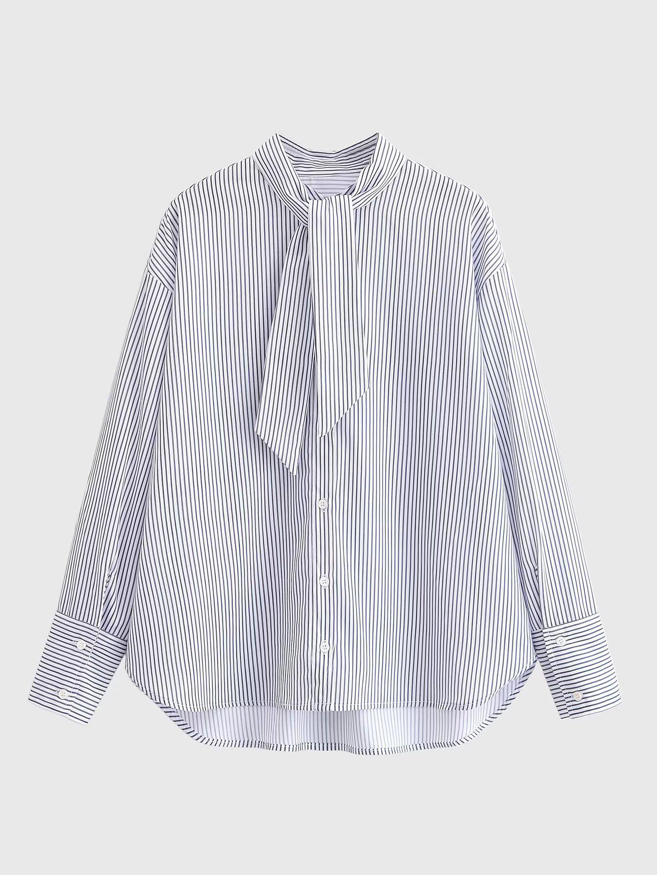 Spring 2026 European & American Style Stand Collar Striped Poplin Shirt with Scarf Large