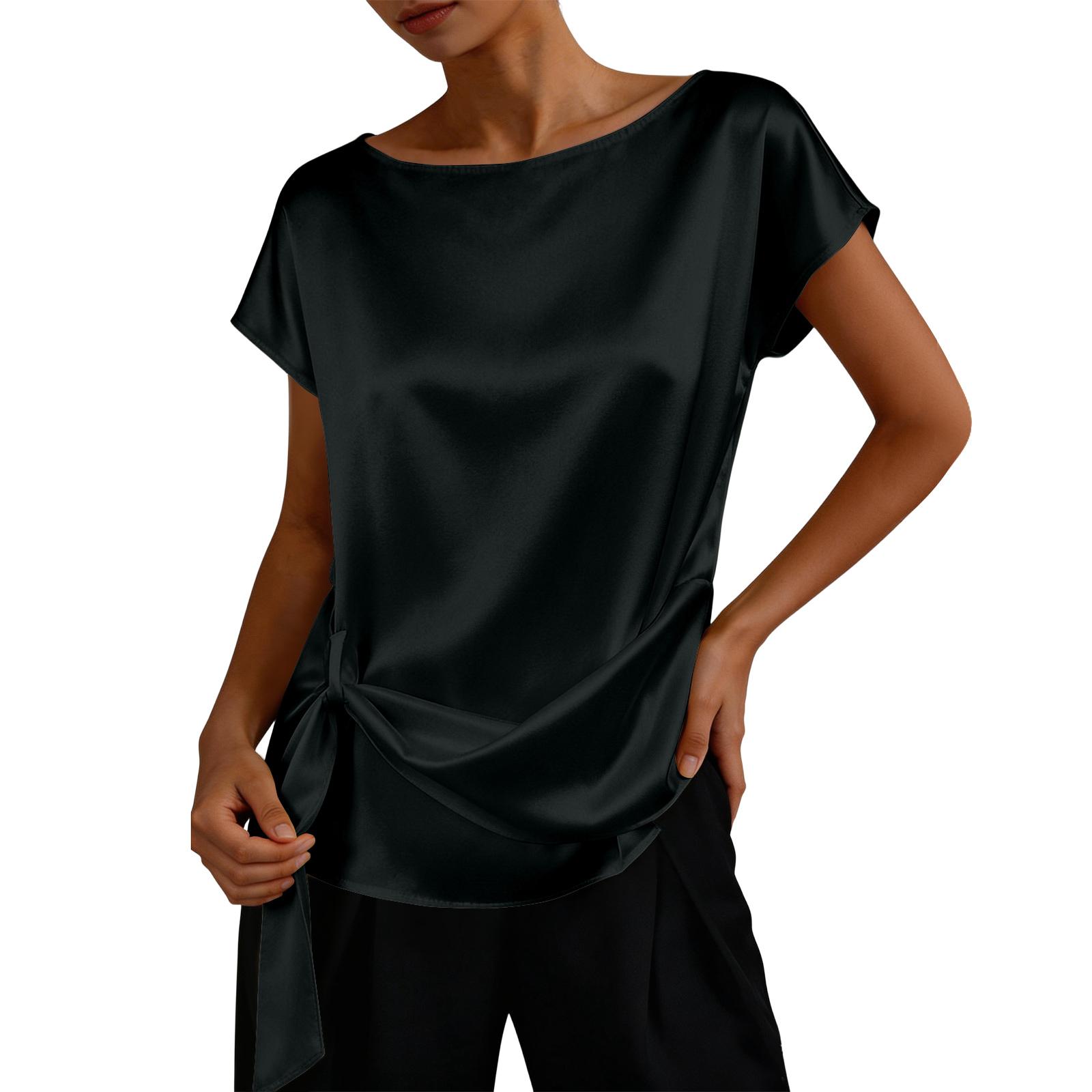 Women s Elegant Casual Round Neck Fashion Tie-front Shirt Top L чёрный