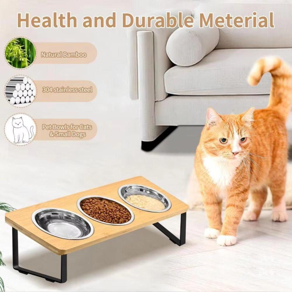 Non Slip Wood Pet Feeder Anti-Vomiting Anti-Leak Cat Bowl Stand 3 Bowls Stainless Steel Bowls Raised Pet Feeder Pet Feeding