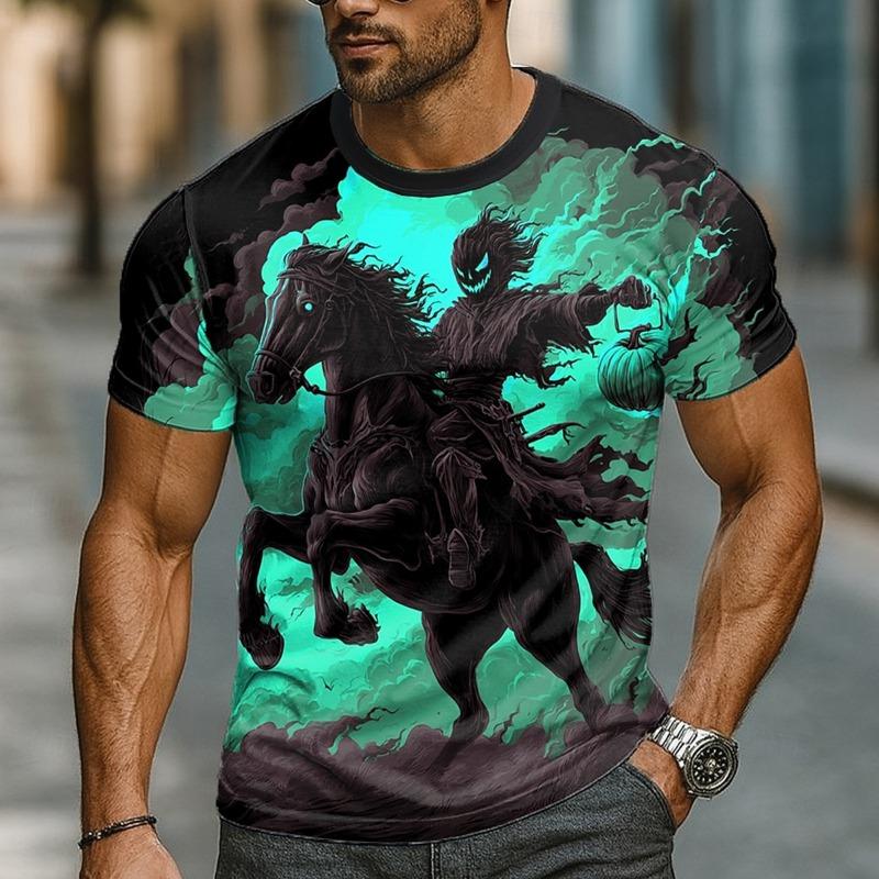Men s Summer New 3D Skull T-shirt Retro Two Color Printed Round Neck Short Sleeve Fashion S