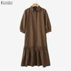 ZANZEA Women Casual Turn Down Collar Solid Color 3/4 Sleeve Loose Dress