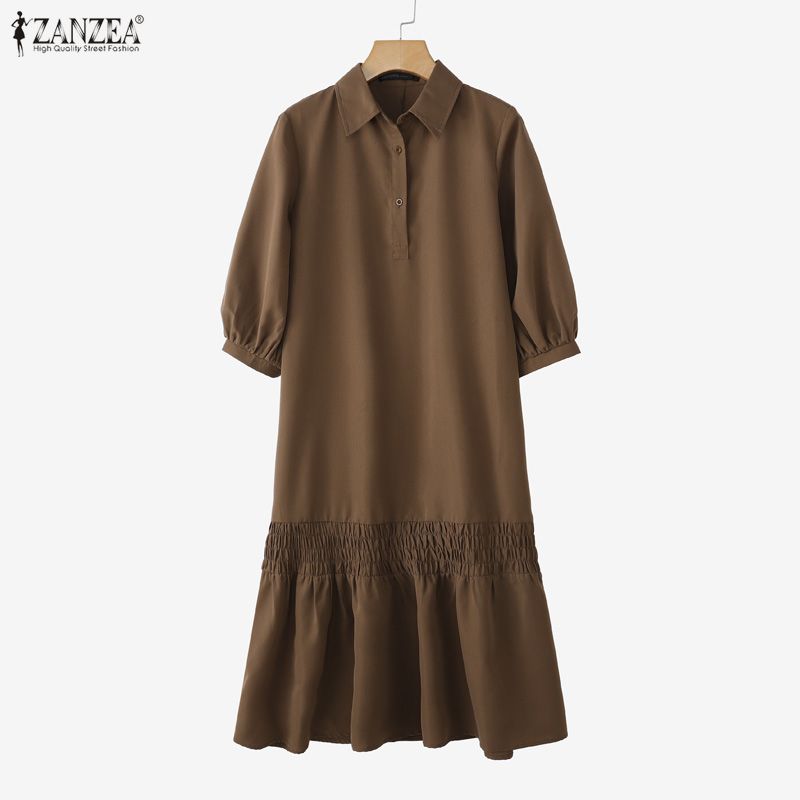 ZANZEA Women Casual Turn Down Collar Solid Color 3/4 Sleeve Loose Dress