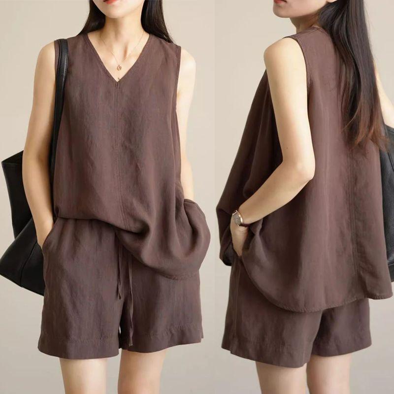 Spring and Summer Fashion Vest Top Loose Shorts Thin Two-piece Set