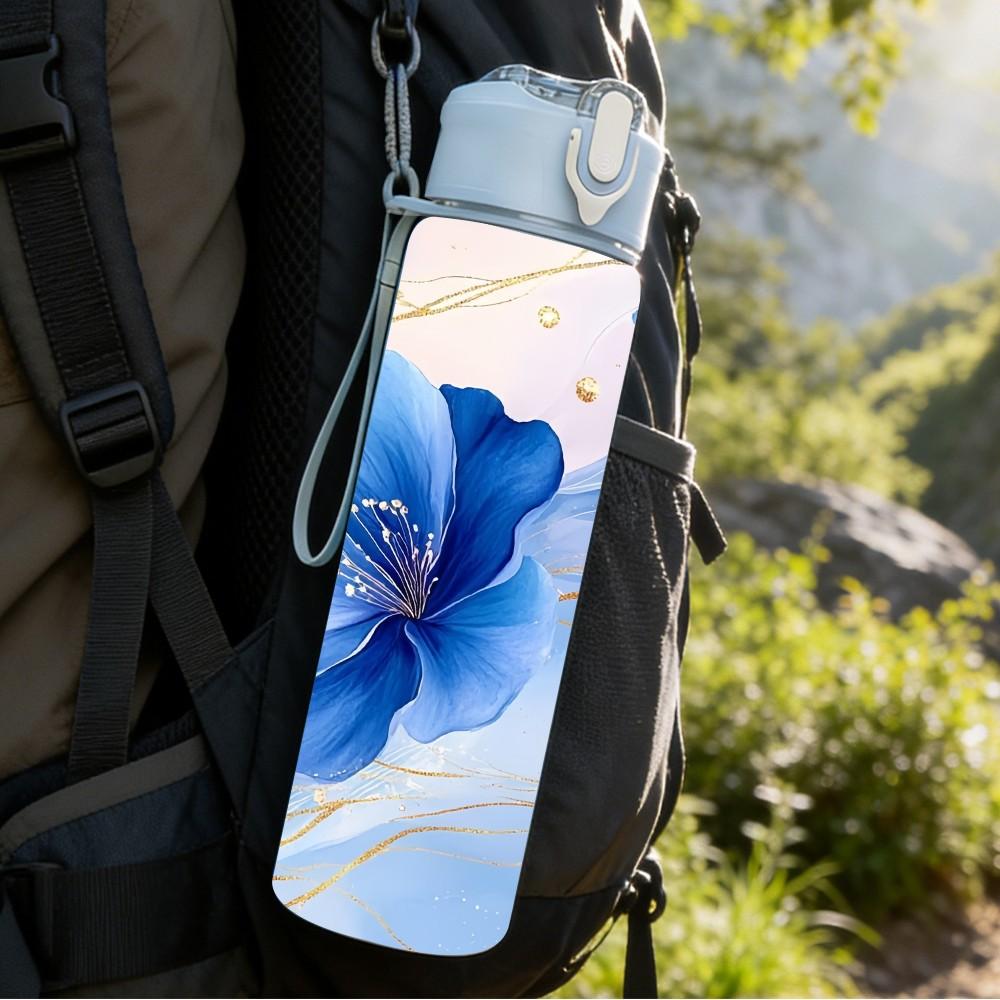 1PC Soft Blue Orchid Flower Translucent Petal Art 750ml Color Plastic Sports Water Bottle Leakproof Flip Straw Lid Suitable for Sports Office Home Use