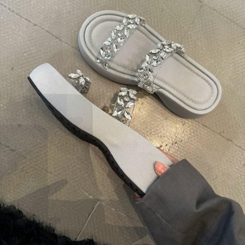 Fashion Rhinestone Transparent Belt One-word Cool Drag, Wear Outside Summer New Round-toe Platform Platform Heightened Small Sandals