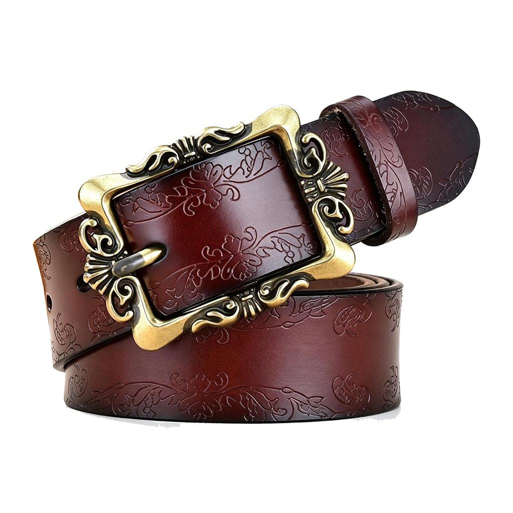 Luxury Retro Palace Style Women's Leather Belt with Butterfly Embossed Carved Buckle