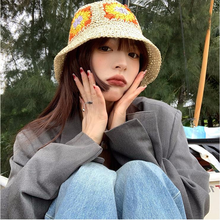 

Woven flower bucket hat Women s versatile sun hat Summer face covering Small sunscreen bucket hat Adult (56-58cm) зелений