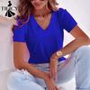 Blusas y camisas con cuello en V de manga corta con estampado de Color sólido informal de moda para mujer