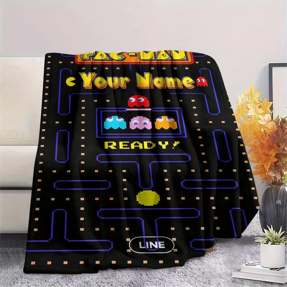 1PC Custom Name Pac-Man Patterned Flannel Blanket Suitable For All Seasons for Home Decor Warmth and Comfort Gifts Holiday Present -HE165