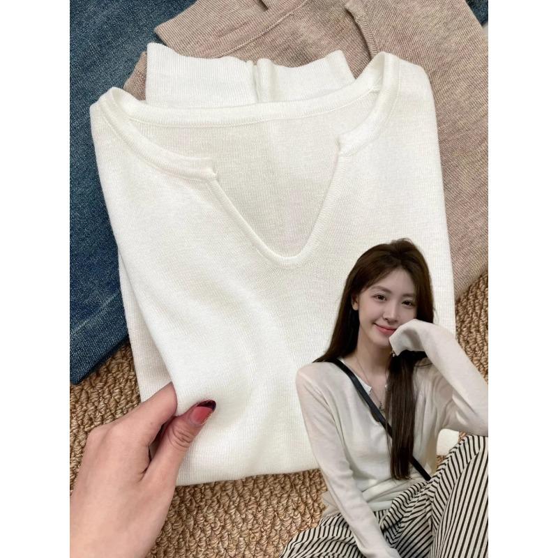 Lazy and relaxed soft waxy collar front shoulder bottoming top women's spring loose and thin inside knitted long sleeves