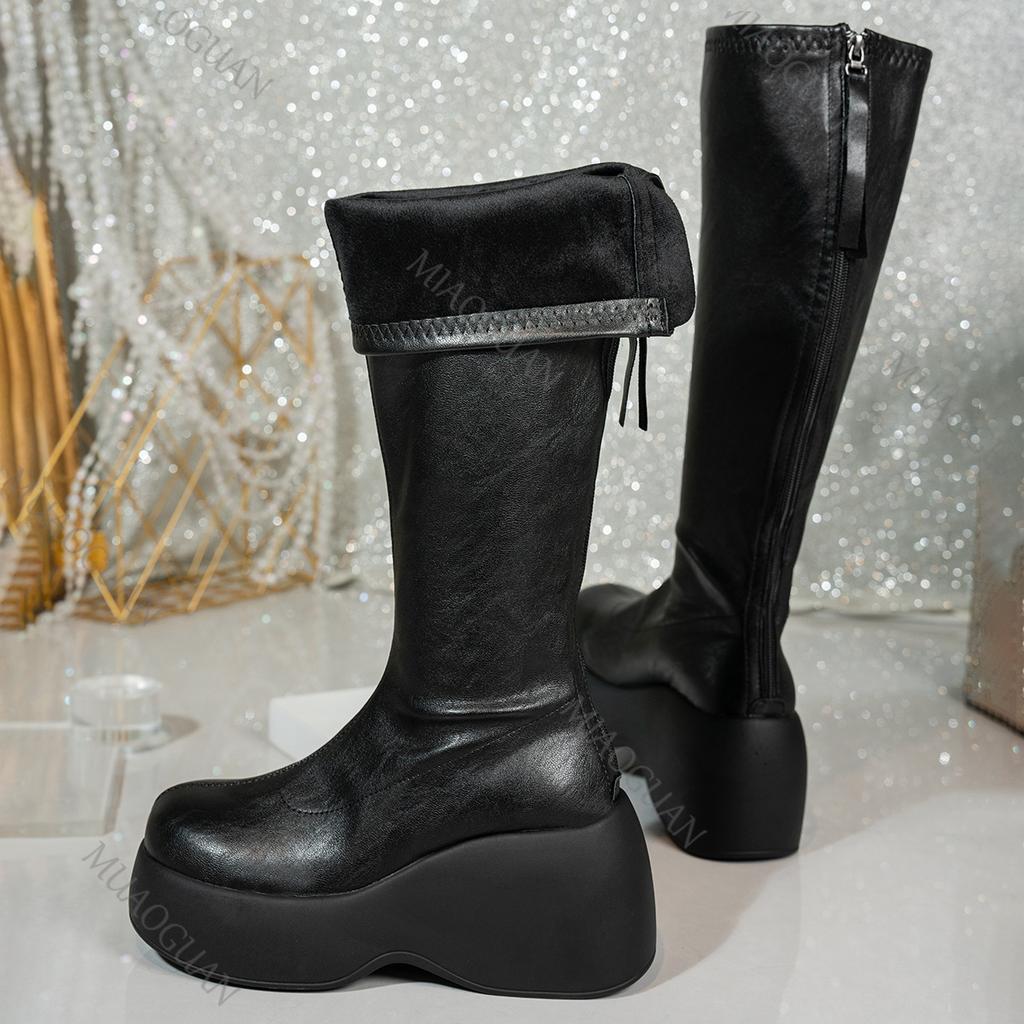 Fashion Women Black Long Boots Short Velvet Thick Bottom Autumn Winter Women's Shoes Punk Style High Heels Female Long Knee High Boots