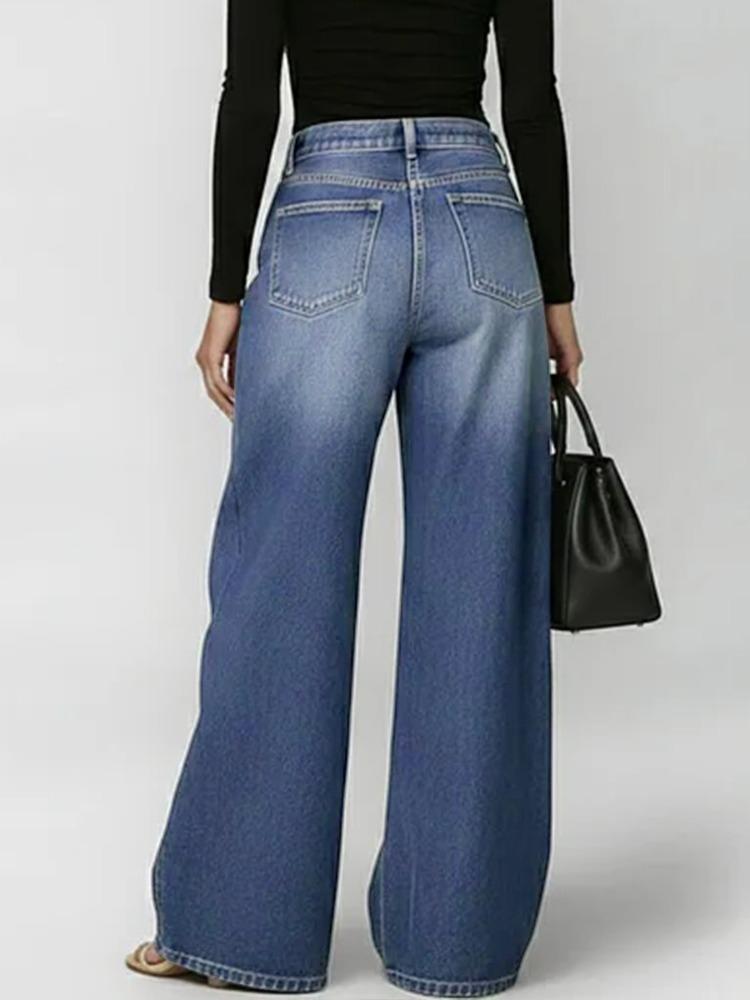 Women's Washed Blue High-Waist Metal Grommet Wide Leg Jeans Casual Loose Fit Streetwear Pants Casual Trousers
