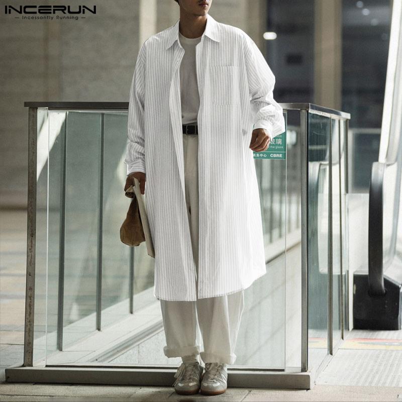 INCERUN Oversized Men Lapel Neck Long Sleeve Striped Loose Long Tunic Casual Shirts
