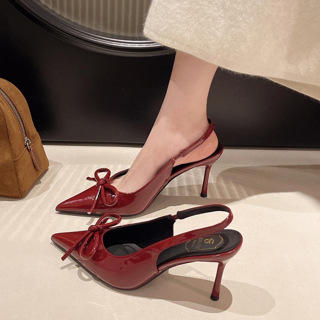 Large size women's shoes 41-43 fat feet French naked pink pointed high heels women's summer patent leather bag head empty stiletto sandals