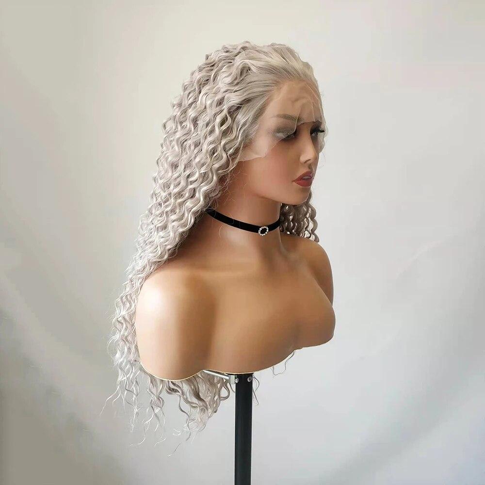 Graue lange verworrene Locken-Synthetik-Perücke, tiefe Locken, gewellt, Wärmefaser, natürlicher Haaransatz, Lace-Front-Perücken, tägliches Make-up, Haare verwenden