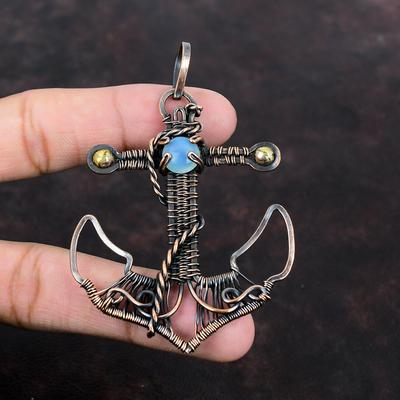 Blauer Chalcedon Anhänger Kupferdraht gewickelter Anhänger Handgefertigter Anhänger Kupferschmuck Ankeranhänger Echter Edelsteinanhänger Jubiläumsgeschenk