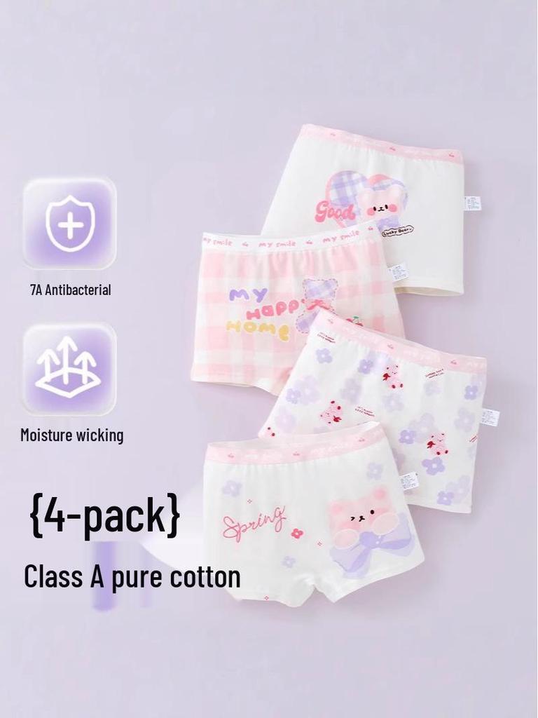 Girls' Pure Cotton Cartoon Boxer Shorts - Antibacterial, Flat Leg, No-Pinch Fit for Elementary and Middle School Kids