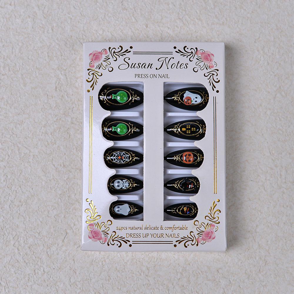 24pcs 3D Halloween Skull Ghost Almond Shape Nails - Scary Pumpkin Poison Prank False Nails