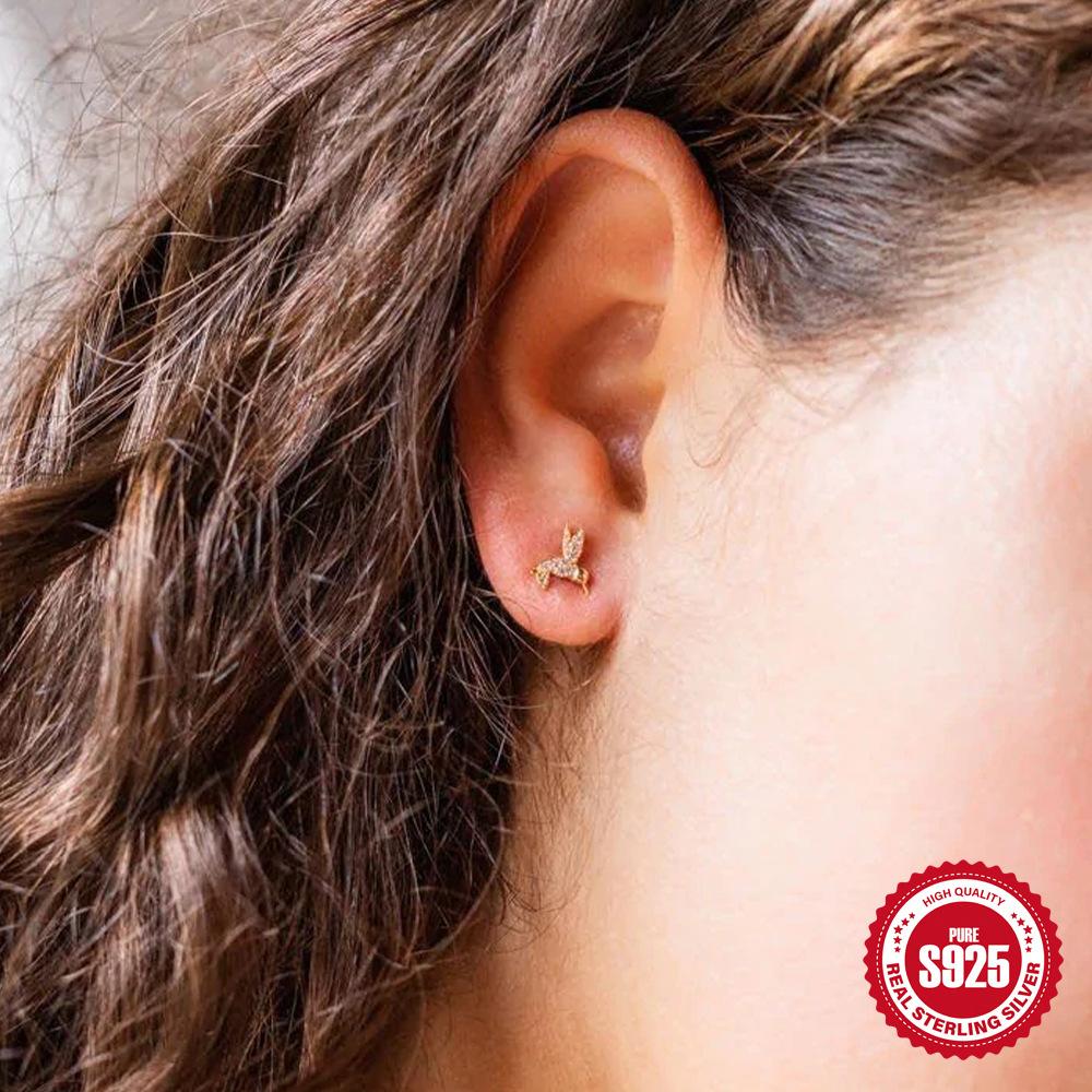 S925 Sterling Silver With Diamonds Cute Hummingbird Branch Sunshine Stud Earrings French Style Creative Bird Earrings