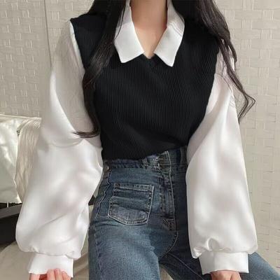 Falsche zweiteilige Polo-Kragen-Damenbluse Frühlings-beiläufiges koreanisches Hemd Y2k-Oberteile Streetwear lose weibliche Pullover elegante Blusen