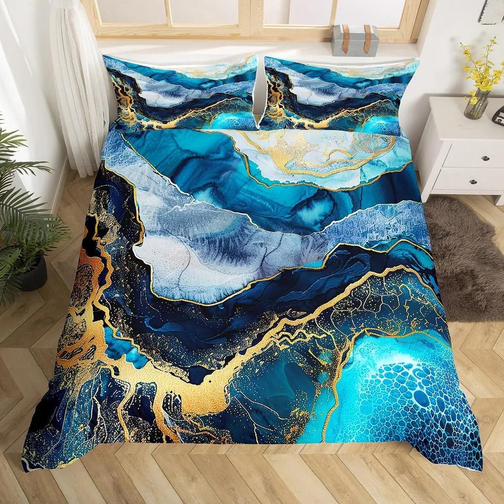 Blue Marble Duvet Cover, Geometric Comforter Cover Twin Queen Size Golden Stone Pattern Bedding Set Abstract Trippy Quilt Cover